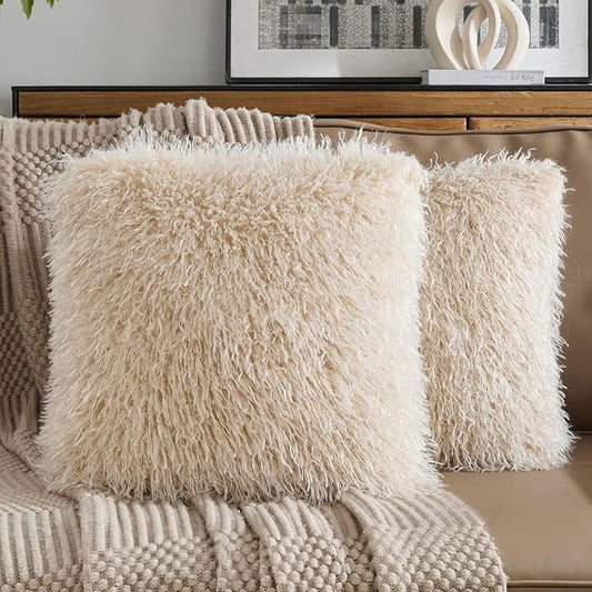 FUTEI Beige Decorative Throw Pillow Covers 18x18 Inch Set of 2,Soft Cozy Faux Fine Wool Textured Cushion Case,Modern Home Luxury Decor for Couch Bed Living Room
