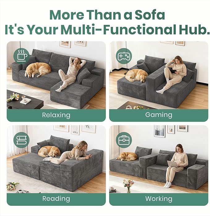 107" Boneless Couches for Living Room, Modular Cloud Sectional Couches L Shaped Sofa with Oversized Chaise Comfy Corduroy Home Sofa (Grey, Right Facing Chaise)