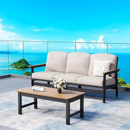 HDPE Outdoor Patio Furniture 3-Piece Set, All Weather Modern Patio Conversation Sets with Wood-grain Extended Table, Outdoor Patio Couch Set, Black Frame with Beige 4.7" Thick Cushions
