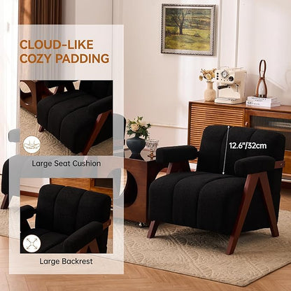 Accent Chair with Wide Seat, Anthropologie Living Room Chair with Wide Armrest, Pottery Barn Accent Chair Bedroom Chair with Thick Cushion, Comfy Teddy Tufted Side Chair for Lounge, Black