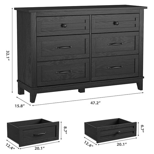 GarveeHome 6 Dresser for Bedroom, 47 in Wide Drawer Dresser with Storage Freestanding, Wooden Closet Storage Chest for Living Room, Bedroom, Entryway, Black