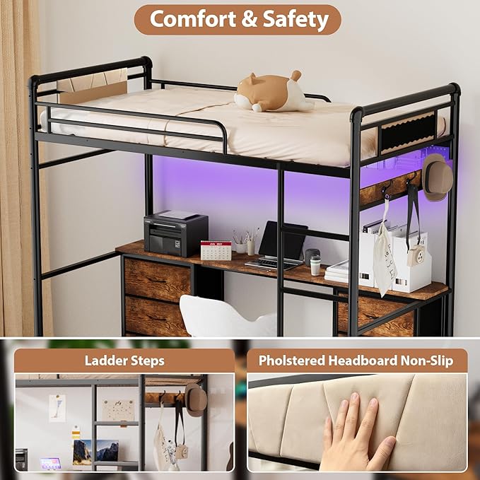 Loft Bed with Desk, Gaming Bunk Bed with Stairs, Twin Metal Loft Bed Heavy Duty Loft Beds for Adults, 6 Fabric Drawers, LED Lights & Charging Sation, No Noise & No Box Spring Needed, Black