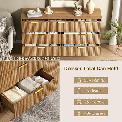 CARPETNAL Fluted 7 Drawer Dresser for Bedroom, 55" Wide Wooden Chest of Drawers with Rounded Corners, Gold Handles, Modern Storage Organizer for Bedroom, Hallway(Walnut)