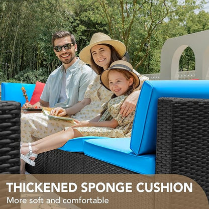 Devoko 7 Pieces Outdoor Sectional Sofa Patio Furniture Sets Manual Weaving Wicker Rattan Patio Conversation Sets with Cushion and Glass Table (Blue)