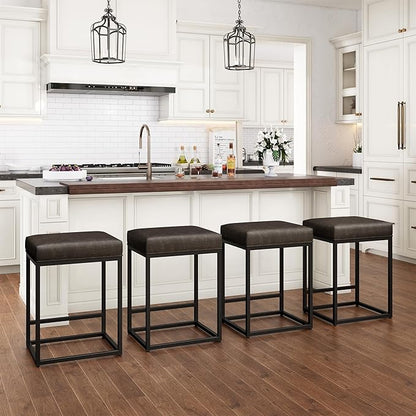 PHI VILLA Bar Stools Set of 3 - Thick Cushion Metal Steel Frame Base with Footrest Kitchen Stools, Grey Bar stools