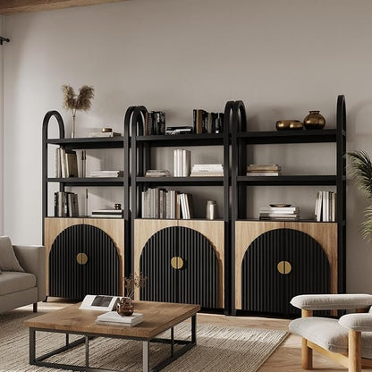 BELLEZE Book Shelf 72" Tall Arched Bookcase with Storage, 5 Tier Mid Century Modern Fluted Bookshelf with Doors, Modular Bookshelves for Living Room Office Library, Set of 3 (Camel)