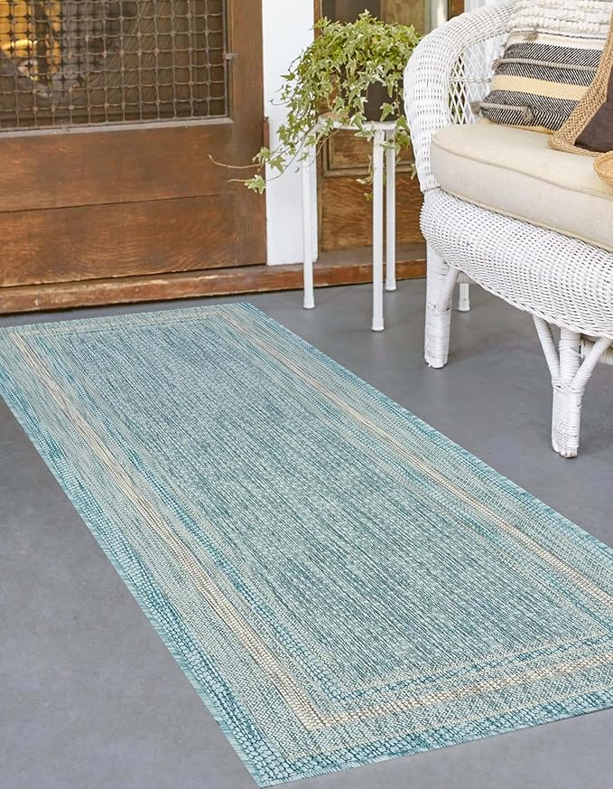 Unique Loom Outdoor Border Collection Area Rug - Soft Border (2'x 6' 1" Runner, Aquamarine/ Ivory)
