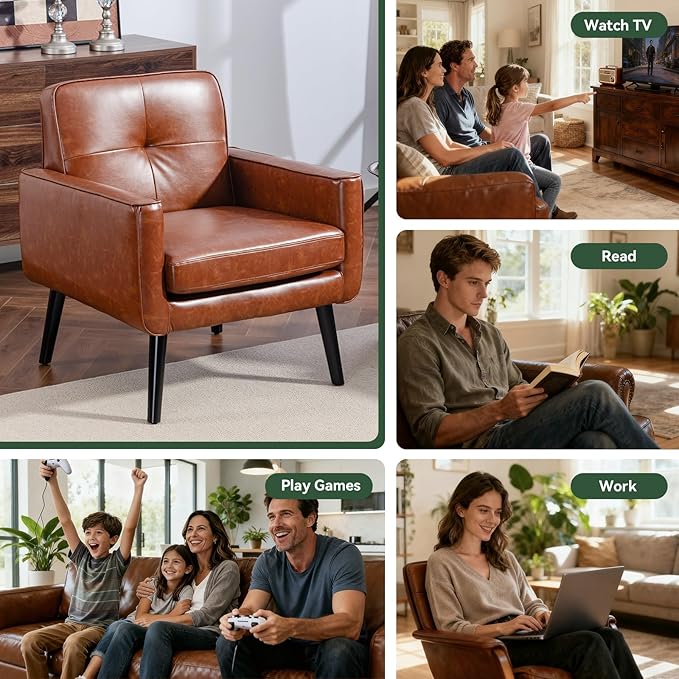 Accent Chair Set of 2, PU Leather Modern Chair with Wooden Frame, Cozy Armchair Reading Chair with Comfy Back for Apartment, Living Room, Bedroom, Waiting Room, Small Space, Corner, Brown