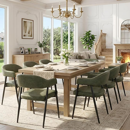 HNY Modern Dining Room Arm Chairs Set of 6, Green Retro Faux Leather Upholstered Barrel Dining Chairs with Arms Mid-Century Accent Chair with Metal Legs, Open-Back Kitchen Side Chairs for Living Room