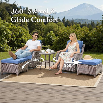 Belord Luxury 6" Thick Cushioned 5 Pieces Patio Furniture Set with 2 Ottomans, Wicker Outdoor Conversation Set with High Back Swivel Rocker Patio Chairs for Deck Porch Yard and Poolside - Brown+Blue