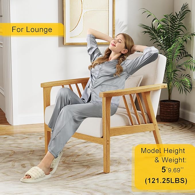 Mid-Century Modern Accent Chair, Linen Armchair and Lounge Chair with Lumbar Pillow, Wide Seat & Solid Wood Frame for Living Room, Bedroom or Balcony（Beige）