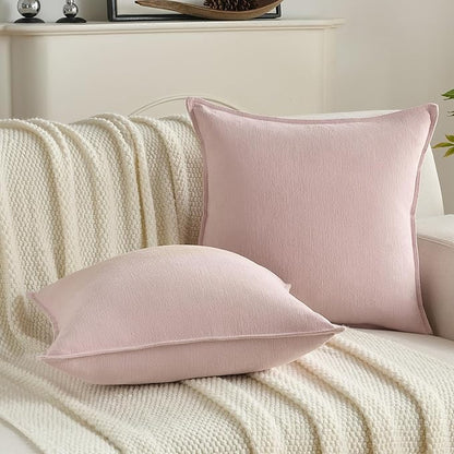 FUTEI Pink Chenille Throw Pillow Covers 18x18 Inch Set of 2,Edges Double-Stitched Cushion Cases,Modern Home Decor for Couch Living Room