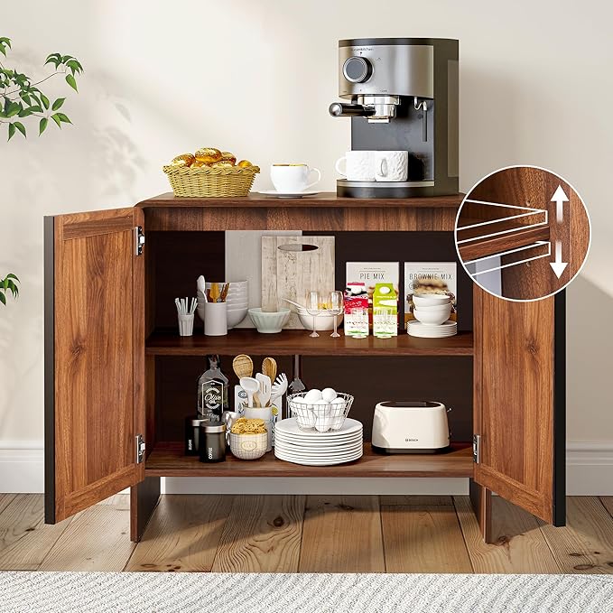 BERRYMERRY 2 Door Fluted Sideboard Buffet Cabinet with Storage, Modern Wood Cabinet with Adjustable Shelves for Living Room, Dining Room (Brown 4 Doors)