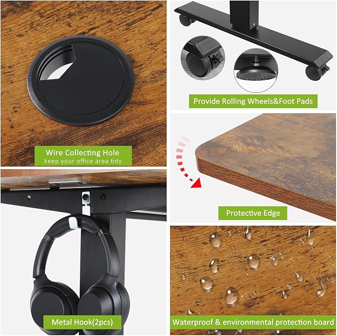 farexon Electric Standing Desk Adjustable Height, 55 x 24 Inch Sit Stand up Desk with Large Mouse Pad, Double Metal Hook,4 Wheels,4 Memory Preset Heights Home Office Computer Desk（Brown）