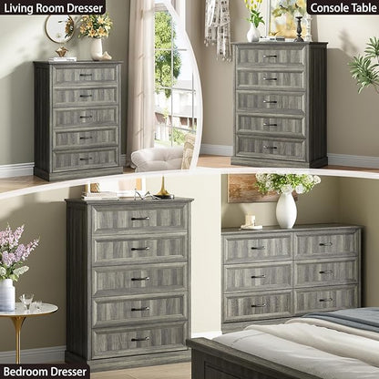 CARPETNAL Farmhouse 5 Drawers Dresser for Bedroom, 44" Tall Grey Dresser Wood Rustic Chest of Drawers with Wide Metal Handle,Natural Texture,Drawer Organizer for Bedroom,Living Room,Hallway