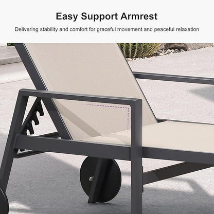 PURPLE LEAF Patio Lounge Chair Set of 3 Outdoor Chaise Lounger Aluminum Frame with Armrest Side Table and Wheels for Pool Outside Sunbathing Tanning Recliner Including Pillows Beige