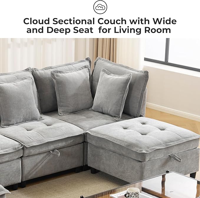 103" Modular Sectional Sofa, L-Shaped Corduroy Comfy Sectional Couches for Living Room, 3-Seater Cloud Couches with 1 Ottoman, Modern Deep Seat Sofa with Large Storage, Grey