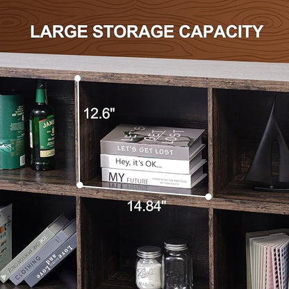 8 Cube Storage Organizer Bookshelf, Industrial Horizontal Bookcase, Accent Cubby Shelf, Media Console Table for Living Room, Home Office, 13.6" D x 63" W x 30.9" H, Dark Grey Oak