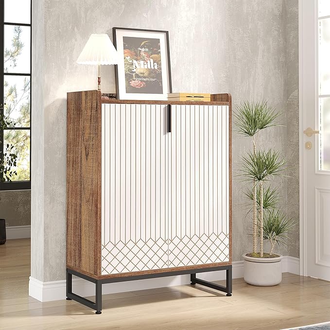 Tribesigns Modern Shoe Cabinet for Entryway, 25 Pairs Shoe Cabinet with Doors, Wood 5-Tier Shoe Organizer, Freestanding Brown Shoe Storage Cabinets with Black Metal Frame for Bedroom Living Room