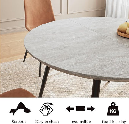 43.3"-59.1" Extendable Round Dining Table Set, Round Table for 6 Person with Scratch-Resistant Thickened MDF Board, Gray Coffee Table w/Metal Legs