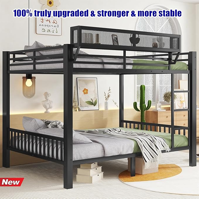Stronger & Higher Quality Heavy Duty Steel Bunk Bed Queen Over Queen Size Bunkbed, Thickened Safer More Stable Metal Queen Bunk Bed Frame (Faster Assembly)