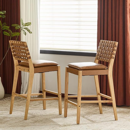 Christopher Knight Home Caitlyn lndoor Barstool Set of 2, Counter Height Stool with Footrest/Backrest for Bar Table, Natural Rubberwood Frame with Faux Leather Upholstery Counter Stool, Brown+Natural