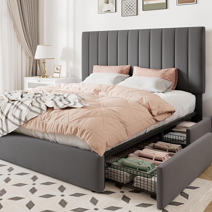 Allewie Full Size Storage Bed Frame, Vertical Channel Tufted Adjustable Headboard, Velvet Upholstered Platform Bed with 4 Oversized Underbed Drawers, Wooden Slats Support, No Box Spring Needed, Grey