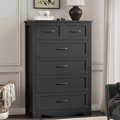 Dresser for Bedroom with 6 Drawers, 46" Tall Wood Chest of Drawers with Deep Drawers & Mental Handle, Modern Dresser TV Stand, Wooden Closet Storage Organizer for Living Room, Hallway, Entryway, Black