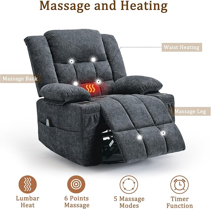 360° Swivel Rocker Recliner for Adults, Nursery Glider Recliner with Massage and Heating, Rocking Chair with Cup Holder, Manual Recliner Chair for Living Room, Bedroom (Fabric, Dark Gray)