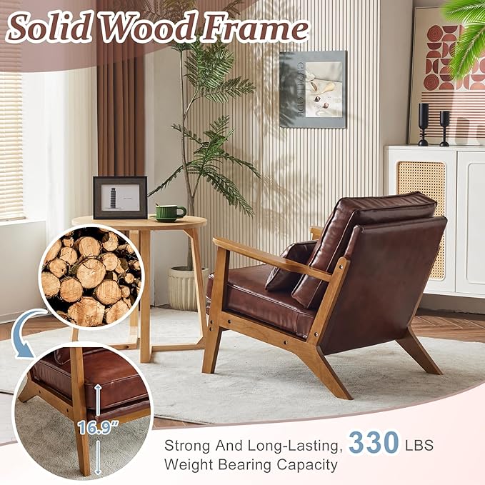 VINGLI Solid Wood Wide Armrests Accent Chair,Upholstered Mid Century Modern Chair with Pillow,Comfy Reading Chair Farmhouse Arm Chair,Chairs Living Room,Bedroom,Guest Room,PU Leather,Dark Brown
