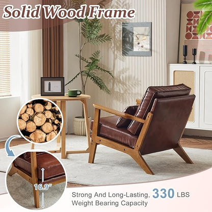 VINGLI Solid Wood Wide Armrests Accent Chair Set of 2,Upholstered Mid Century Modern Chair with Pillow,Farmhouse Arm Chair Comfy Reading Chair,Chairs Living Room,Bedroom,Guest Room,PU Leather,Brown