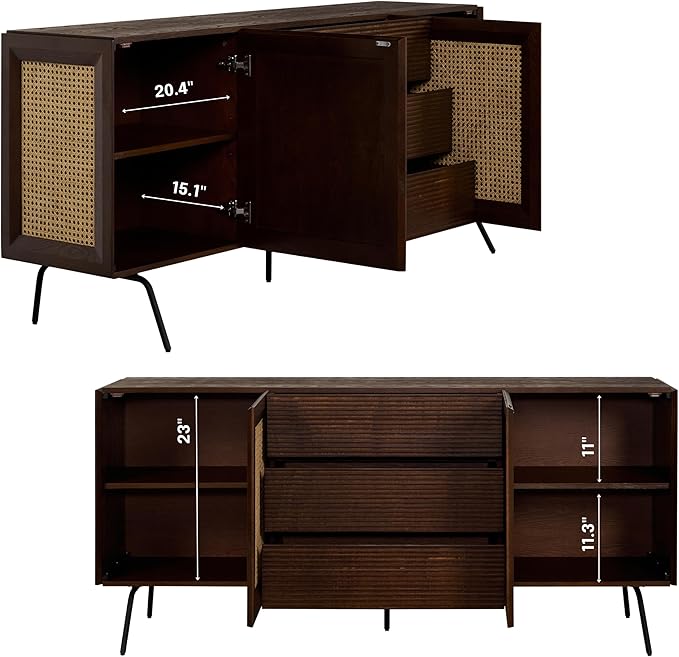 NTC MOSSIC Large Sideboard with 2 Doors and 3 Drawers, Buffet Cabinet with Natural Rattan and Metal Legs, Modern Storage Cabinet for Living Room, and Hallway, Effortless Assembly - Dark Walnut