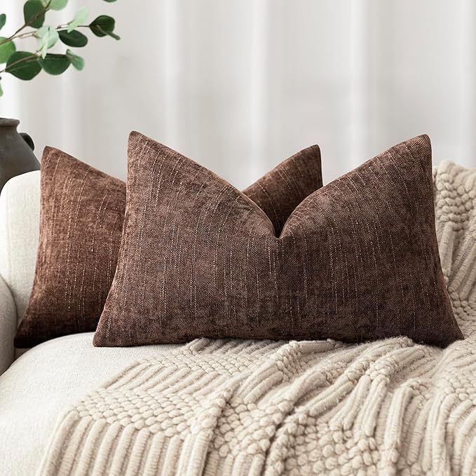 Foindtower Pack of 2 Textured Chenille Throw Decorative Pillow Covers Square Accent Solid Cushion Cover Neutral Farmhouse Lumbar Pillow Case for Couch Sofa Bedroom Living Room 12x24 Inch,Red Brown