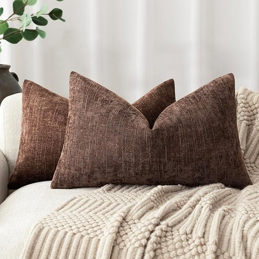 Foindtower Pack of 2 Textured Chenille Throw Decorative Pillow Covers Square Accent Solid Cushion Cover Neutral Farmhouse Lumbar Pillow Case for Couch Sofa Bedroom Living Room 12x24 Inch,Red Brown