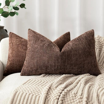 Foindtower Pack of 2 Textured Chenille Throw Decorative Pillow Covers Square Accent Solid Cushion Cover Neutral Farmhouse Lumbar Pillow Case for Couch Sofa Bedroom Living Room 12x20 Inch,Red Brown