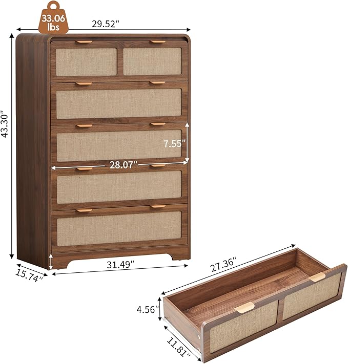 43" Tall Dresser for Bedroom, 5 Drawer Mid Century Modern Dresser with Natural Linen, Curved Wood Chest of Drawers Closet Clothes Storage Organizer for Living Room, Hallway (Walnut)