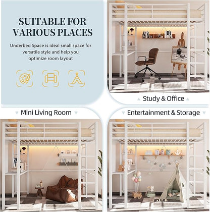 SUNLEI Metal Twin Loft Bed with Desk, Twin Size Loft Bed with 2 Built-in Ladders & Safety Guard, Noise Free for Small Bedroom, Matte White
