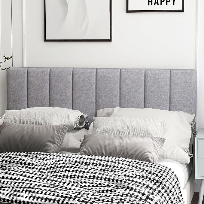 KOMFOTT Linen Upholstered Headboard for Full & Queen Size Bed, Vertical Channel Tufted Rectangular Headboard with Solid Wood Legs & Adjustable Width, Padded Bed Backboard, Easy Assembly (Gray)