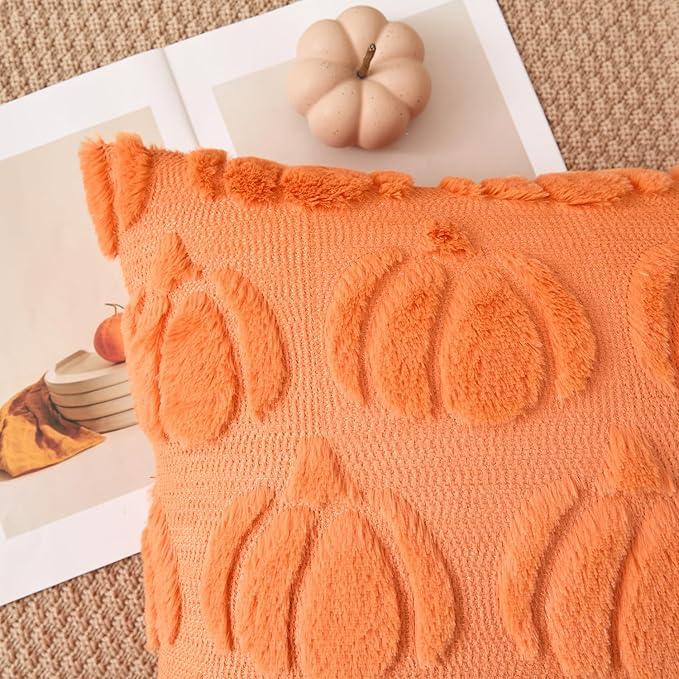 Kevin Textile Fall Pillow Covers 20x20 Inch Set of 2 Soft Pumpkins Decorative Square Pillowcases Plush Autumn Faux Fur Cushions Harvest Gift for Couch Sofa Chair Bedroom Home Decor, Orange