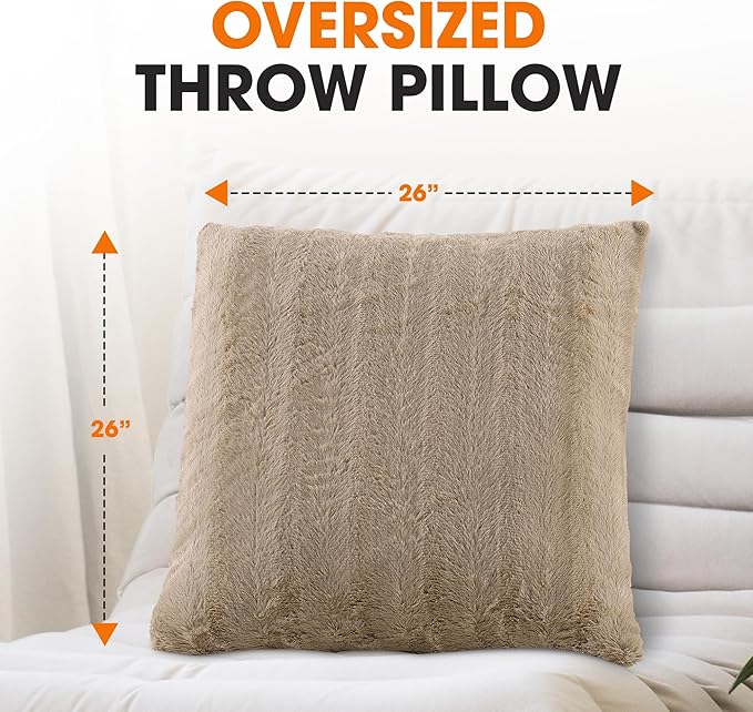 Cheer Collection Faux Fur Throw Pillows - Decorative Pillows for Couch, Bed Throw Pillows, Sand Accent Pillows for Bedroom or Living Room Aesthetic, Set of 2 Furry Throw Pillows, 26" x 26"