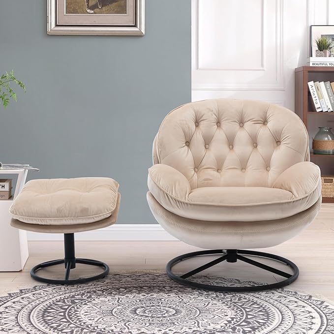 360° Swivel Modern Velvet Accent Chair with Ottoman | Mid-Century Button Tufted Lounge Chair for Living Room & Bedroom, Beige