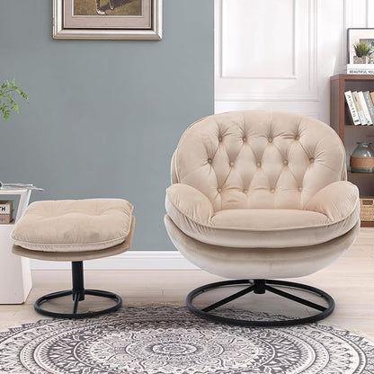 360° Swivel Modern Velvet Accent Chair with Ottoman | Mid-Century Button Tufted Lounge Chair for Living Room & Bedroom, Beige