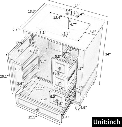 24 Inch Bathroom Vanity with Sink, Freestanding Bathroom Sink Cabinet with 3 Drawers and Storage Door Rack Organizer, Solid Wood Legs, White