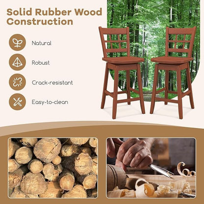 COSTWAY Swivel Bar Stools Set of 4, 24.5 Inch Counter Height Bar Chairs w/Hollow Backrest & Contoured Seat, Wooden Barstools w/Footrest for Kitchen Island, Pub, Bistro, Cafe (4, Walnut)