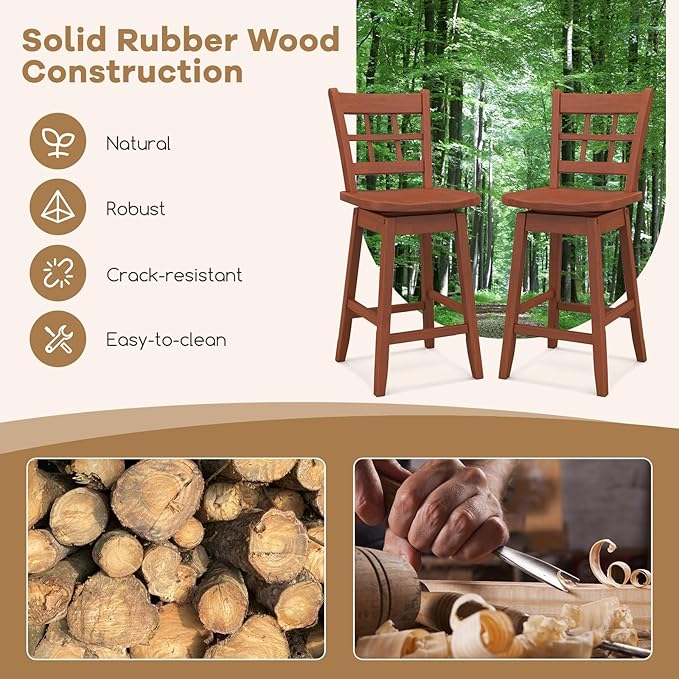 COSTWAY Swivel Bar Stools Set of 2, 24.5 Inch Counter Height Bar Chairs w/Hollow Backrest & Contoured Seat, Wooden Barstools w/Footrest for Kitchen Island, Pub, Bistro, Cafe (2, Walnut)