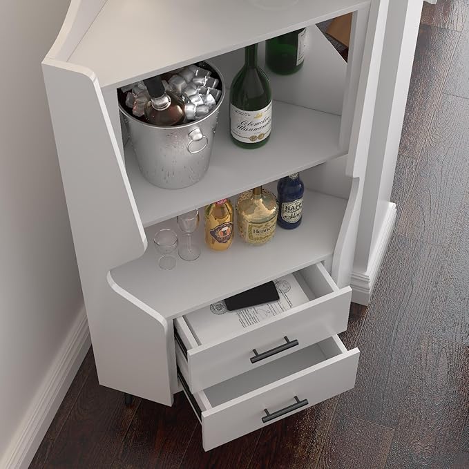 YUNKE Novelty Wooden Cabinet, White Corner Table with 2 Open Shelves and 2 Drawers, Commonly Used in Living Room, Home Office, Study Room and Dinning Room