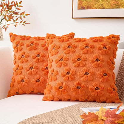 Kevin Textile Fall Floral Pillow Covers 18x18 Inch Set of 2 Cute Flowers Embroidery Decor Soft Plush Faux Fur Throw Pillows Pillowcases for Holiday Harvest Decor Sofa Couch Bedroom, Orange