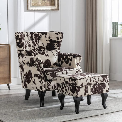 chairus Mid-Century Modern Accent Chair with Ottoman, Comfy Velvet Single Sofa Chair Button Tufted Wingback Armchair with Pillow for Living Room/Bedroom/Club - Cow