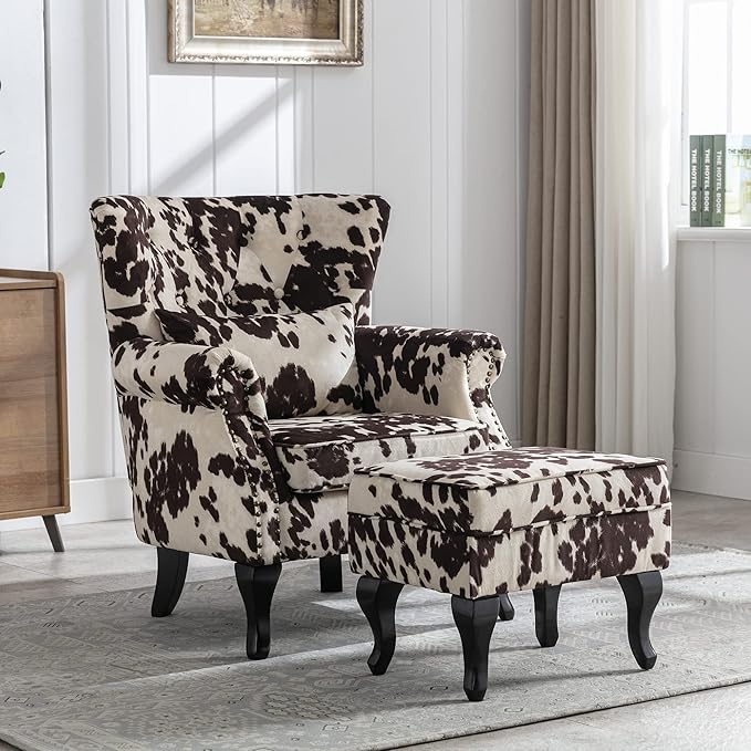 chairus Mid-Century Modern Accent Chairs with Ottoman Set of 2, Comfy Velvet Single Sofa Chair Button Tufted Wingback Armchairs with Pillow for Living Room/Bedroom/Club - Cow