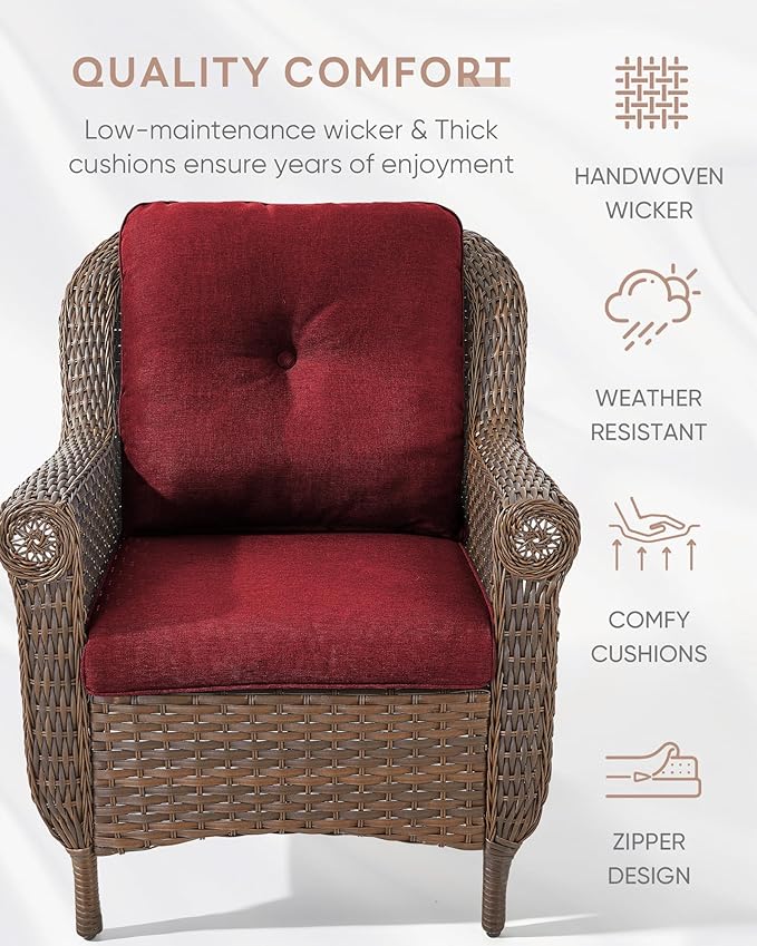 Patio Wicker Chairs Outdoor Furniture Chair - Set of 2 Outside All Weather Lawn Dining Brown Rattan Armchair with High Back&Deep Seating for Deck Porch Balcony Backyard Garden - Red